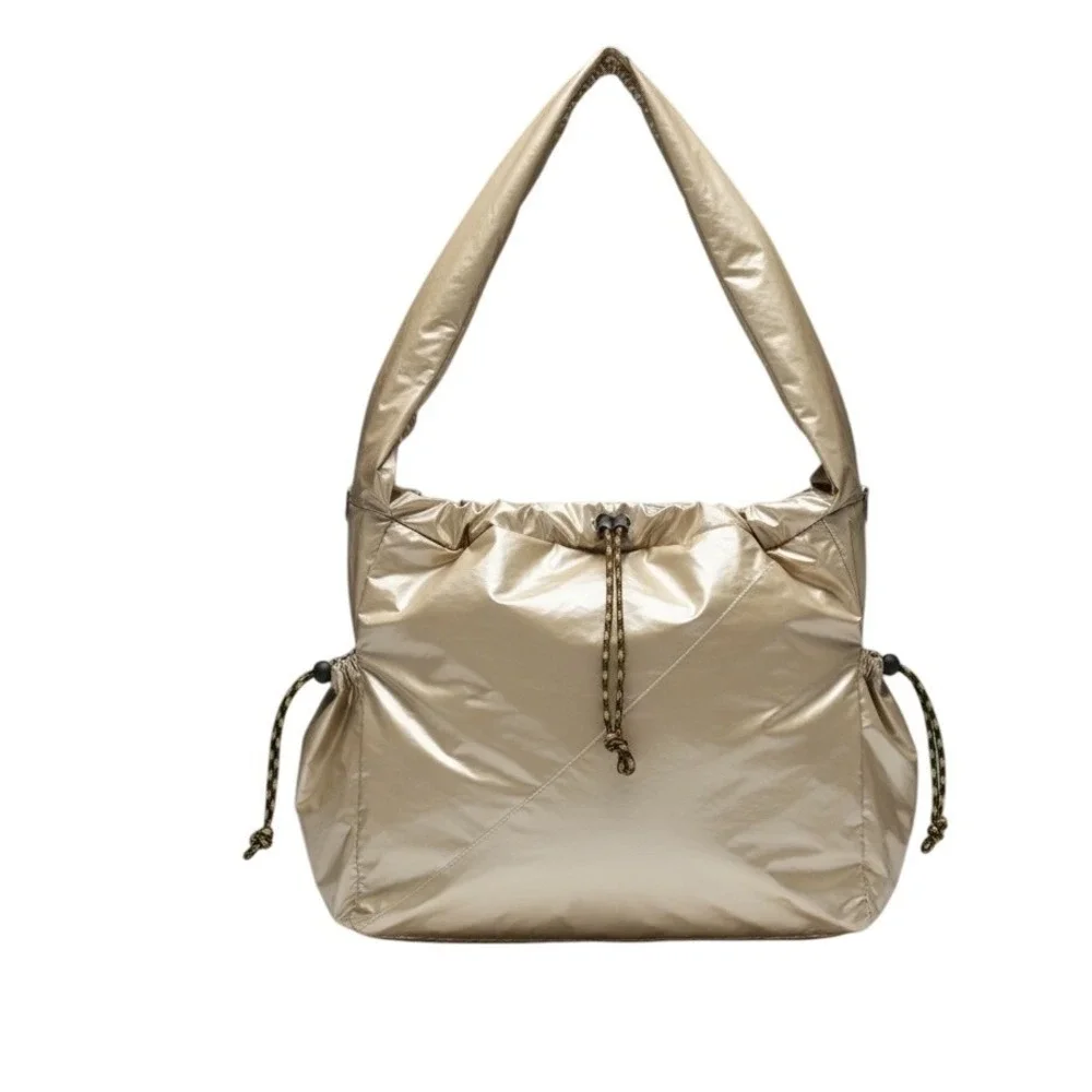 Urban Outfitters Metallic Gold Drawstring Bucket Bag Shimmer Hobo Shoulder Purse